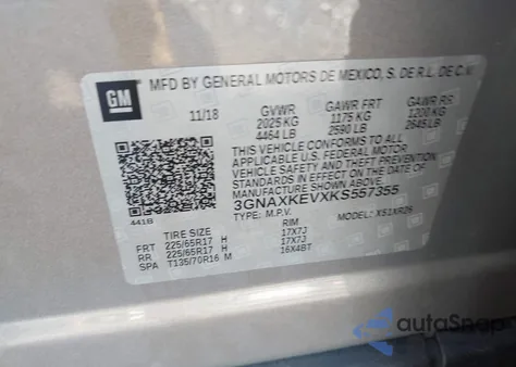 2019 Chevrolet Equinox Lt из США, поврежденный, VIN 3GNAXKEVXKS557355